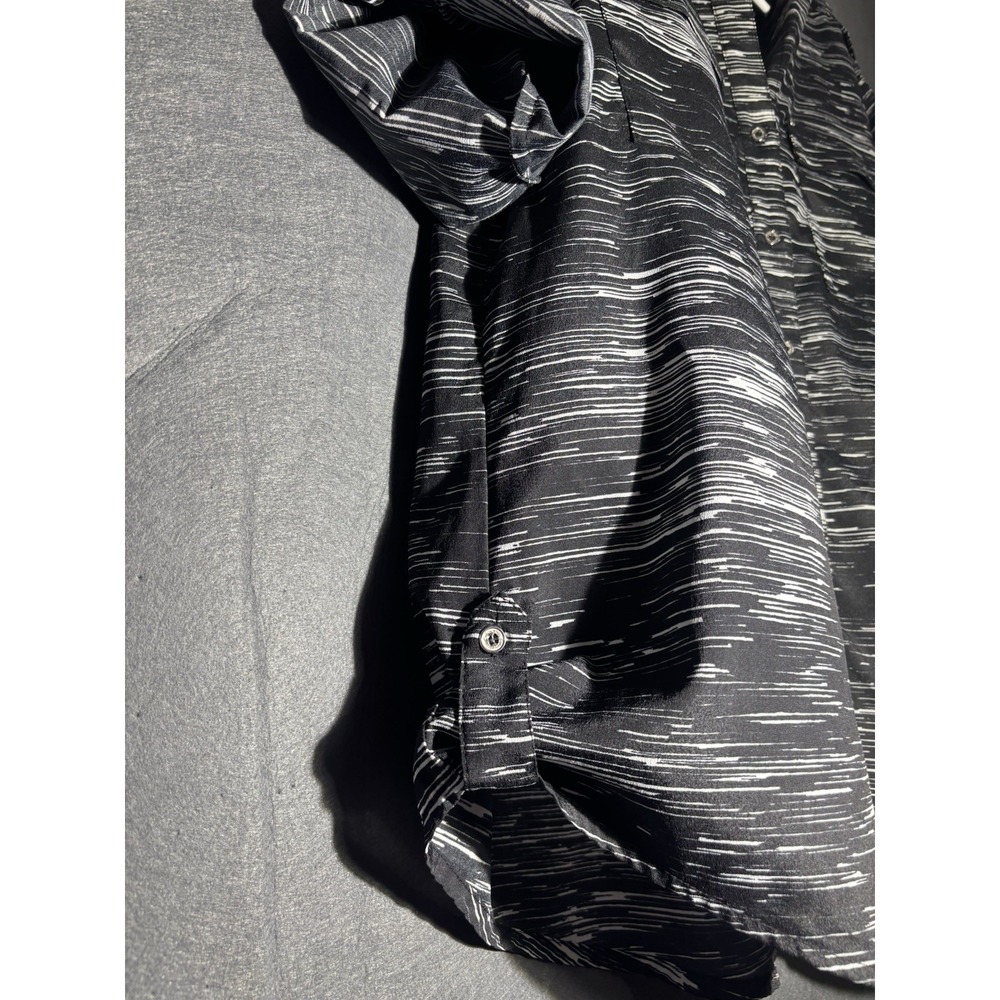 Calvin Klein Women's Blouse M Black White Abstract Print Roll Tab Sleeve - Picture 7 of 16